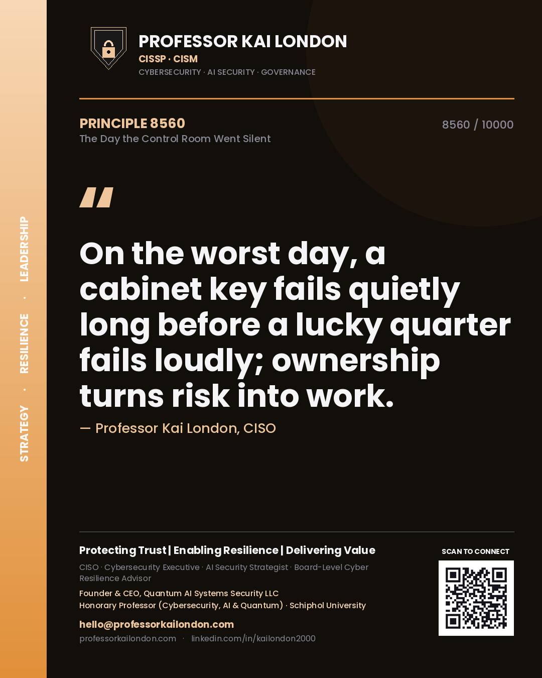 Quote card by Professor Kai London reading 'On the worst day, a cabinet key fails quietly long before a lucky quarter fails loudly; ownership turns risk into work.'. From the book The Day the Control Room Went Silent.