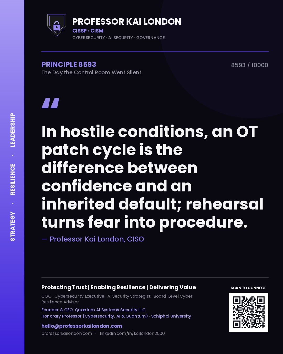 Quote card by Professor Kai London reading 'In hostile conditions, an OT patch cycle is the difference between confidence and an inherited default; rehearsal turns fear into procedure.'. From the book The Day the Control Room Went Silent.