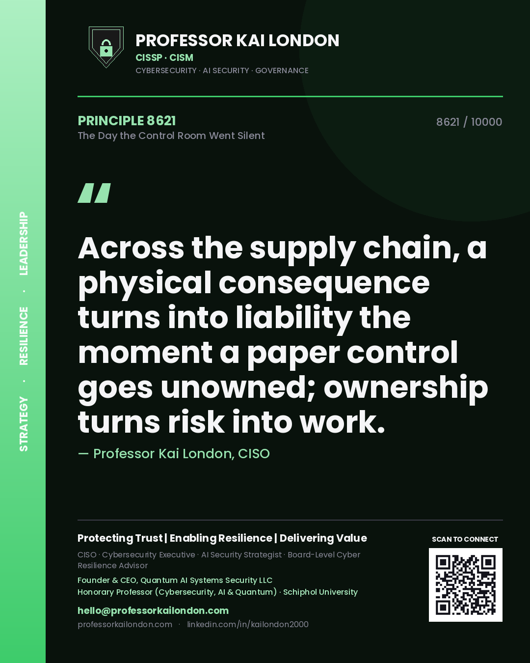 Quote card by Professor Kai London reading 'Across the supply chain, a physical consequence turns into liability the moment a paper control goes unowned; ownership turns risk into work.'. From the book The Day the Control Room Went Silent.