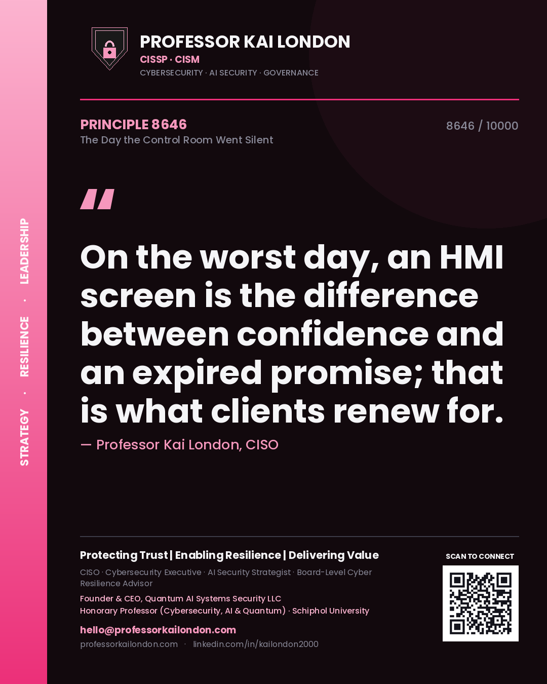 Quote card by Professor Kai London reading 'On the worst day, an HMI screen is the difference between confidence and an expired promise; that is what clients renew for.'. From the book The Day the Control Room Went Silent.