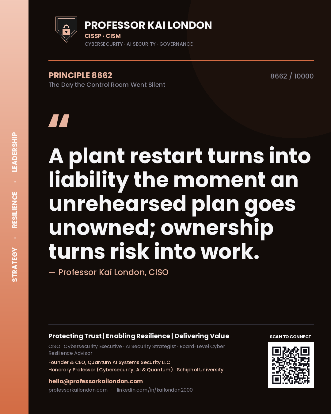 Professor Kai London principle 8662: A plant restart turns into liability the moment an unrehearsed plan goes unowned; ownership turns risk into work.