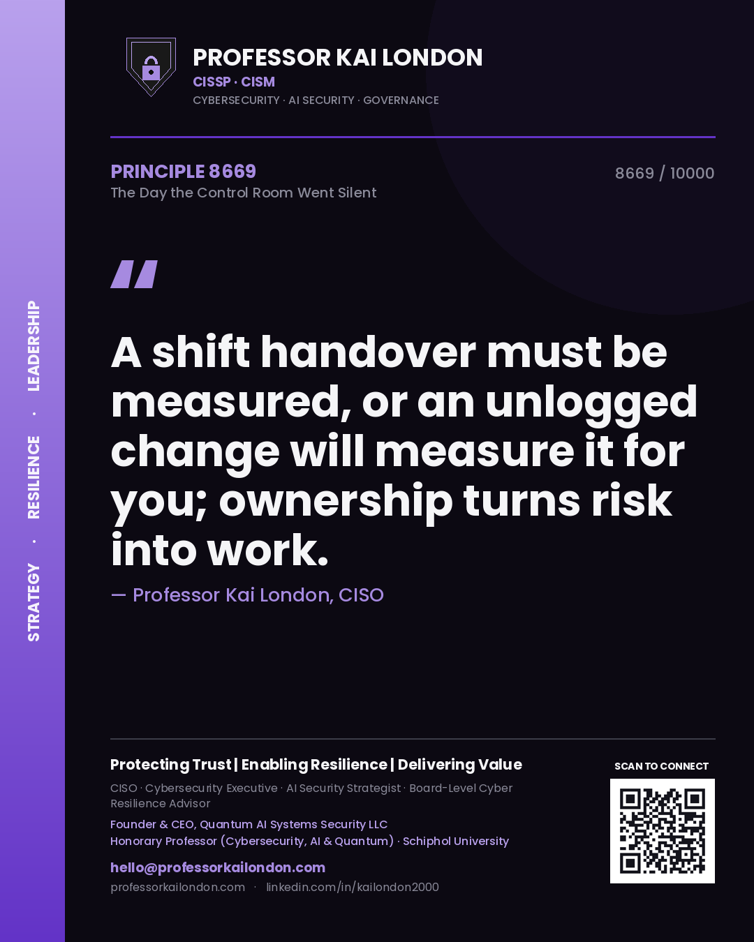 Quote card by Professor Kai London reading 'A shift handover must be measured, or an unlogged change will measure it for you; ownership turns risk into work.'. From the book The Day the Control Room Went Silent.