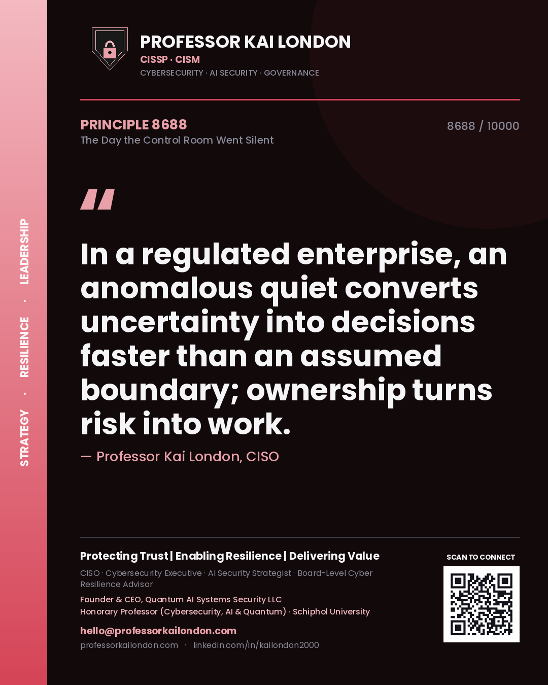 Professor Kai London principle 8688: In a regulated enterprise, an anomalous quiet converts uncertainty into decisions faster than an assumed boundary; ownership turns risk into work.