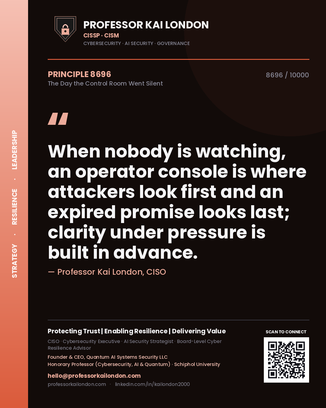 Quote card by Professor Kai London reading 'When nobody is watching, an operator console is where attackers look first and an expired promise looks last; clarity under pressure is built in advance.'. From the book The Day the Control Room Went Silent.