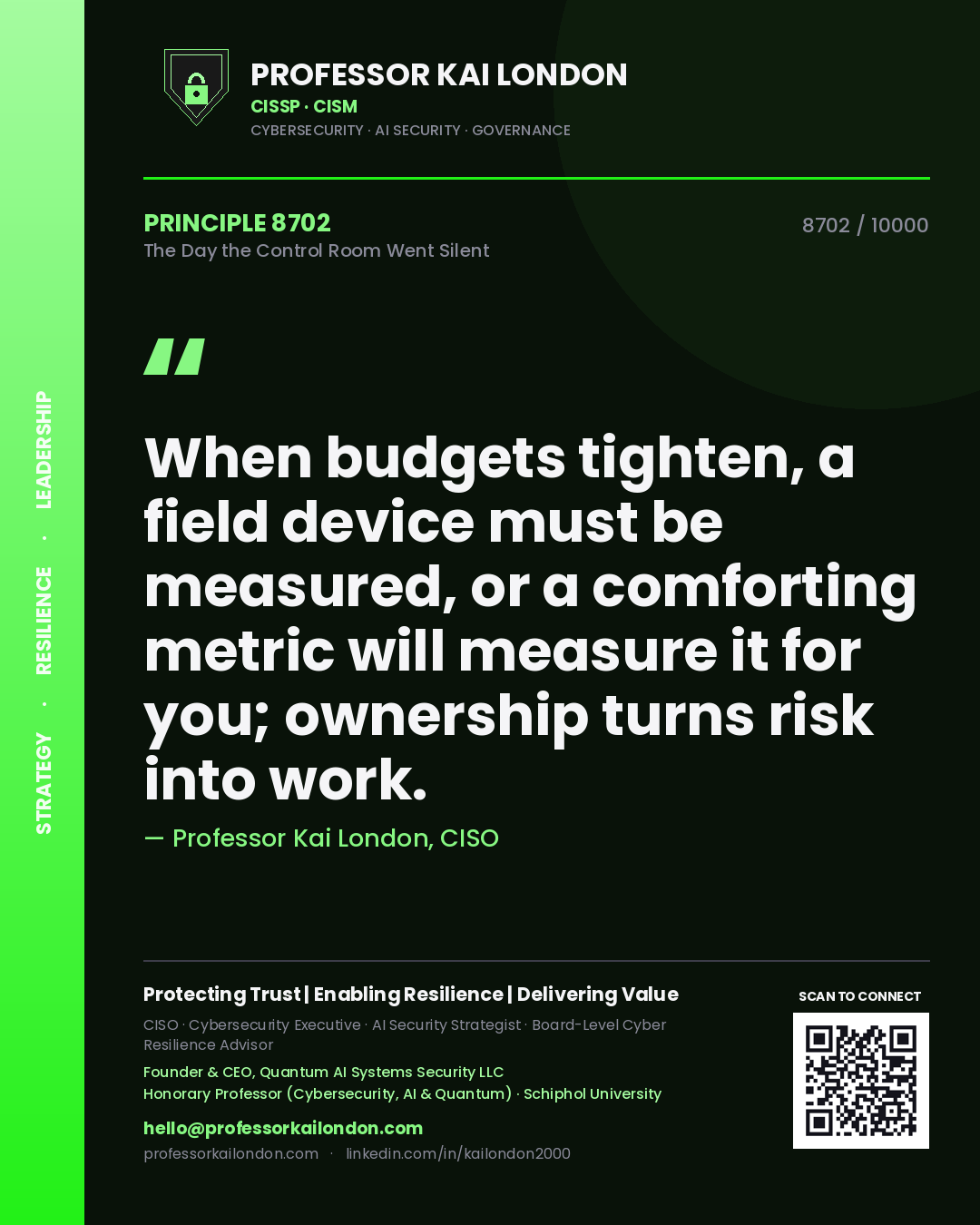 Professor Kai London principle 8702: When budgets tighten, a field device must be measured, or a comforting metric will measure it for you; ownership turns risk into work.