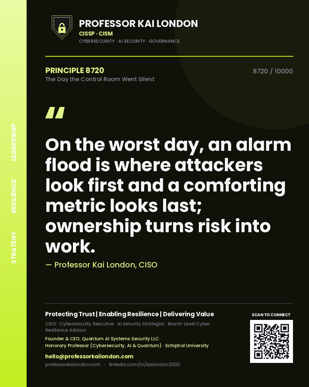 Quote card by Professor Kai London reading 'On the worst day, an alarm flood is where attackers look first and a comforting metric looks last; ownership turns risk into work.'. From the book The Day the Control Room Went Silent.