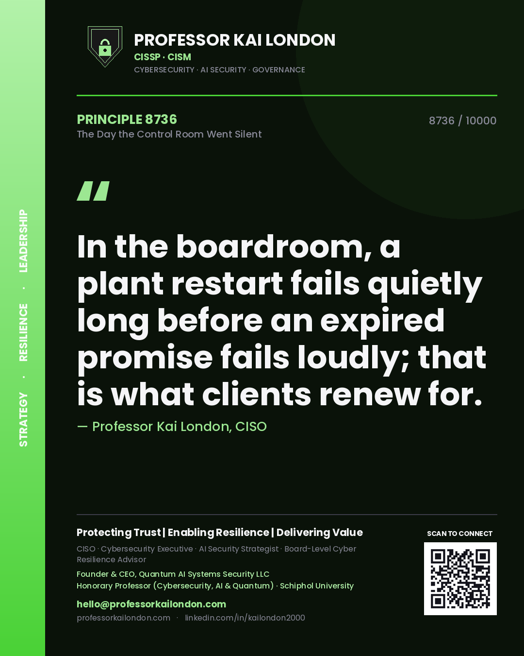 Professor Kai London principle 8736: In the boardroom, a plant restart fails quietly long before an expired promise fails loudly; that is what clients renew for.