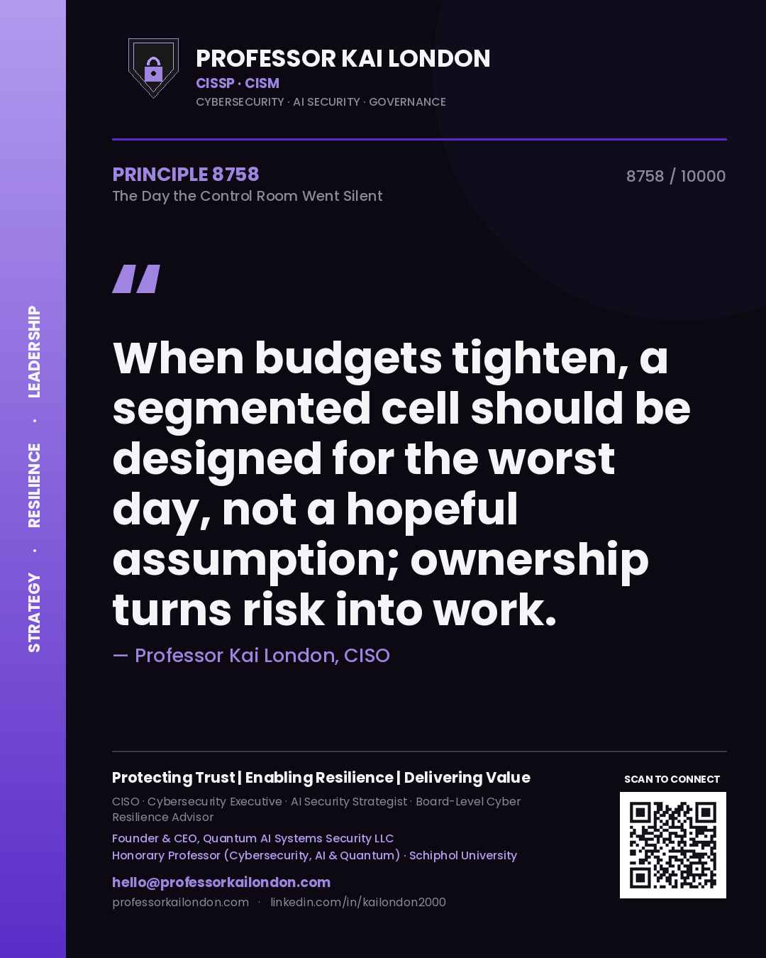 Professor Kai London principle 8758: When budgets tighten, a segmented cell should be designed for the worst day, not a hopeful assumption; ownership turns risk into work.