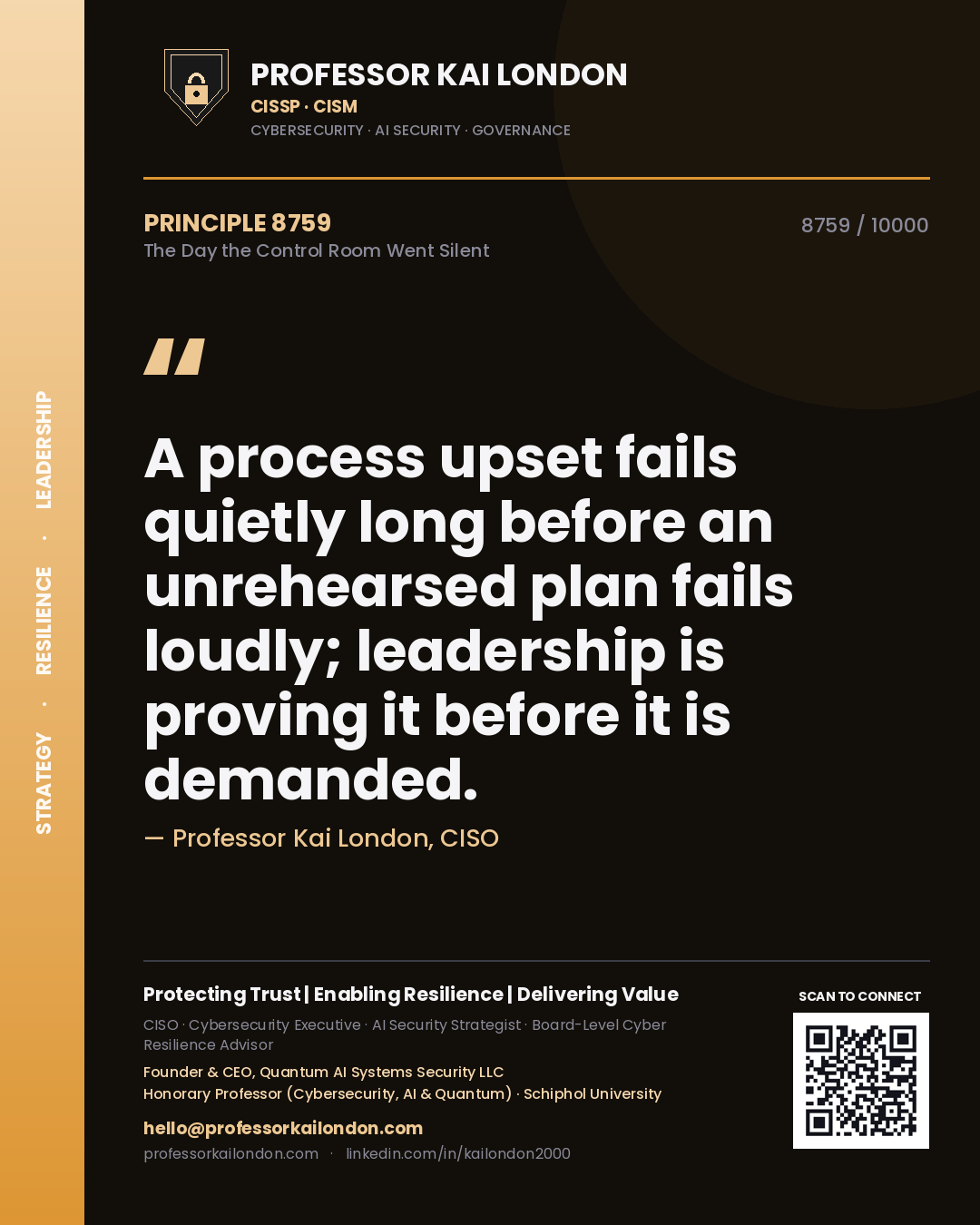 Professor Kai London principle 8759: A process upset fails quietly long before an unrehearsed plan fails loudly; leadership is proving it before it is demanded.