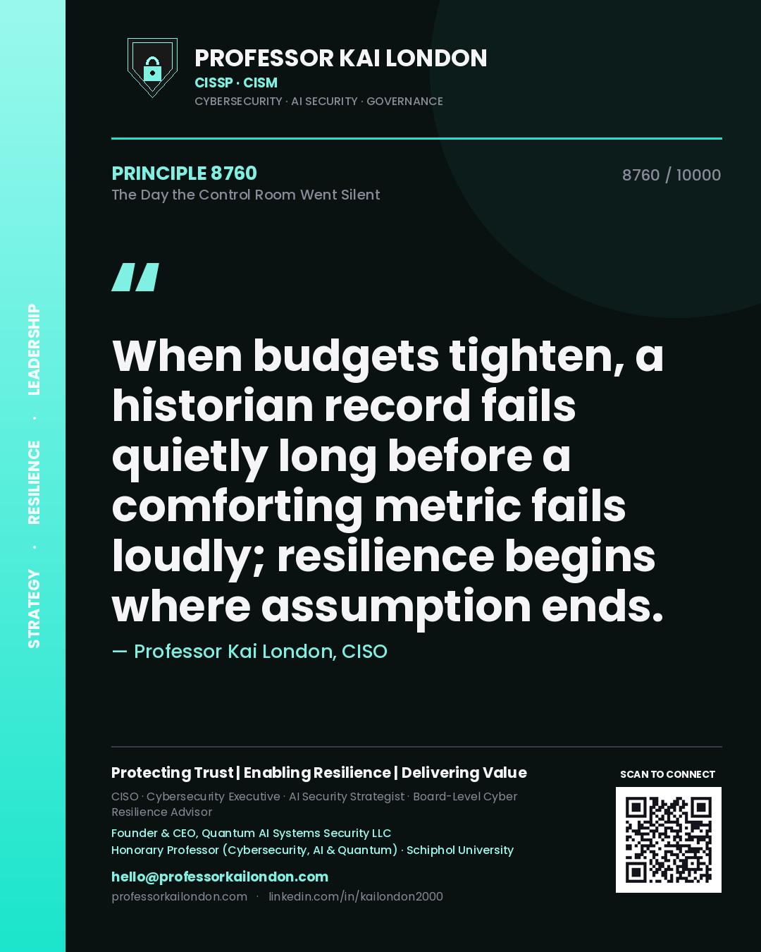 Quote card by Professor Kai London reading 'When budgets tighten, a historian record fails quietly long before a comforting metric fails loudly; resilience begins where assumption ends.'. From the book The Day the Control Room Went Silent.