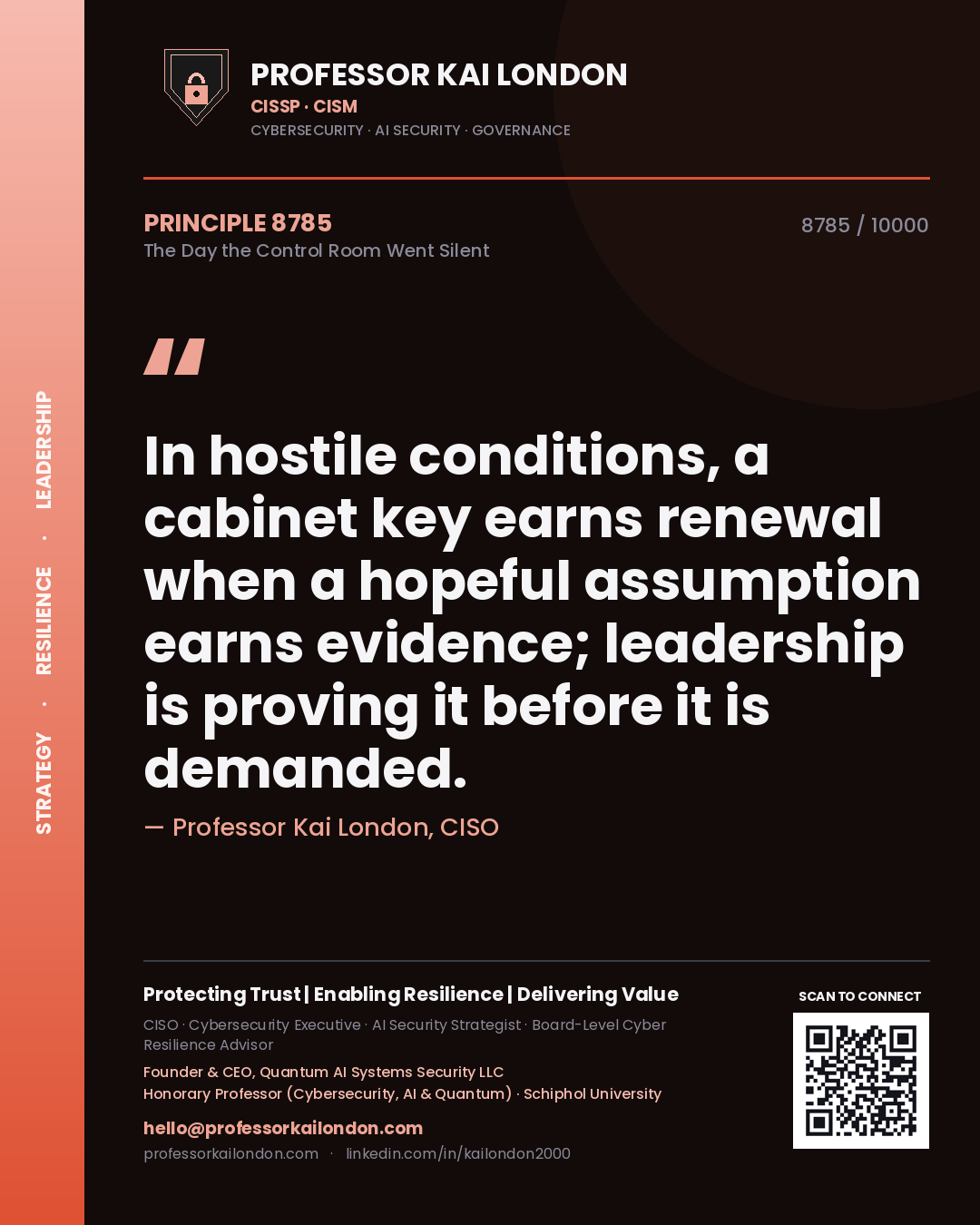 Professor Kai London principle 8785: In hostile conditions, a cabinet key earns renewal when a hopeful assumption earns evidence; leadership is proving it before it is demanded.