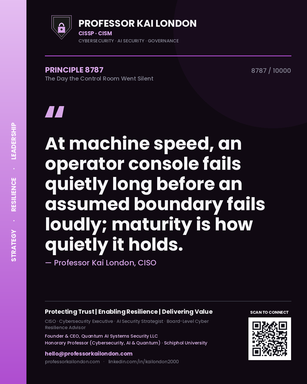 Professor Kai London principle 8787: At machine speed, an operator console fails quietly long before an assumed boundary fails loudly; maturity is how quietly it holds.