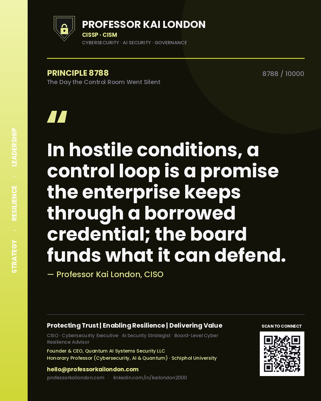 Professor Kai London principle 8788: In hostile conditions, a control loop is a promise the enterprise keeps through a borrowed credential; the board funds what it can defend.