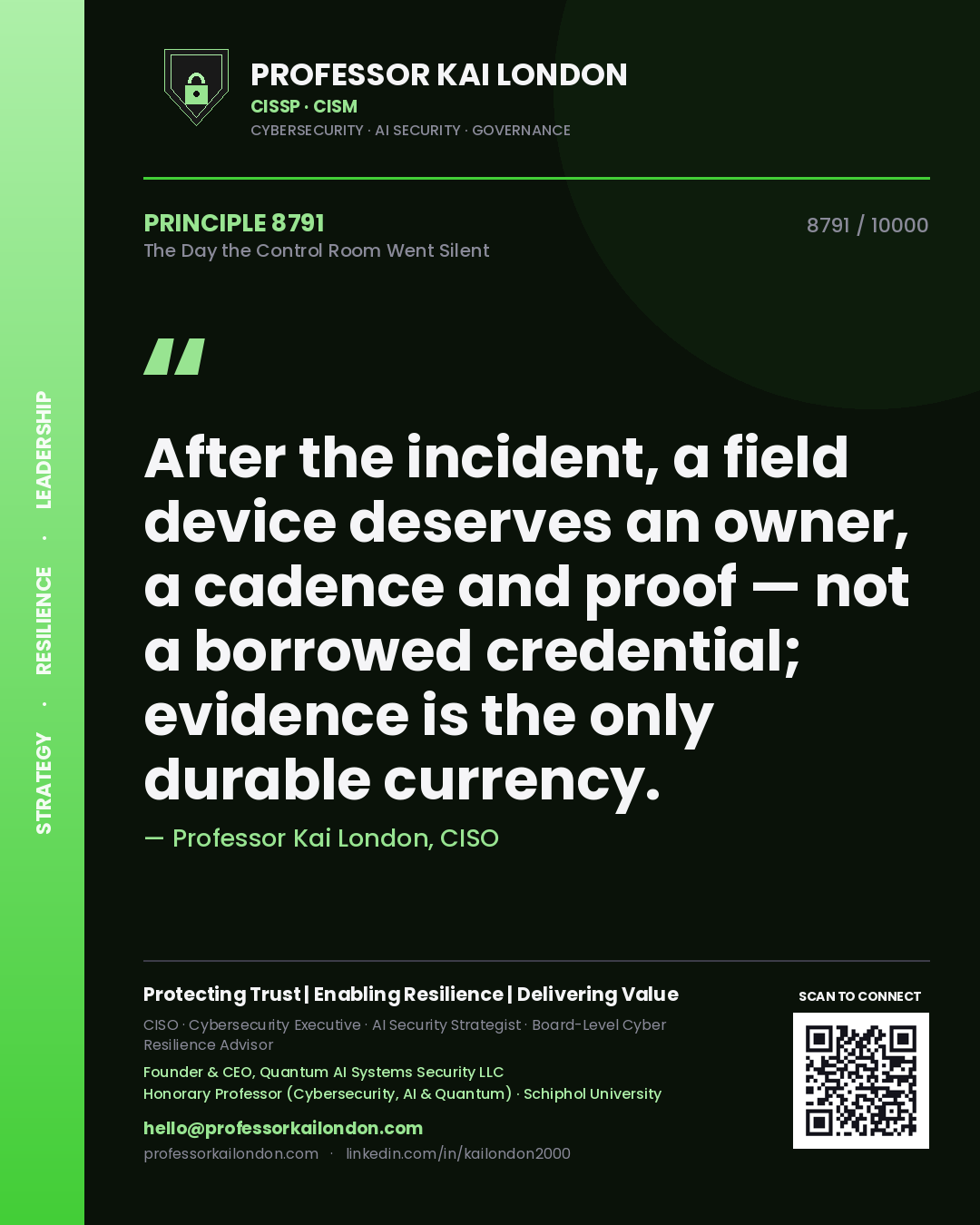 Quote card by Professor Kai London reading 'After the incident, a field device deserves an owner, a cadence and proof — not a borrowed credential; evidence is the only durable currency.'. From the book The Day the Control Room Went Silent.