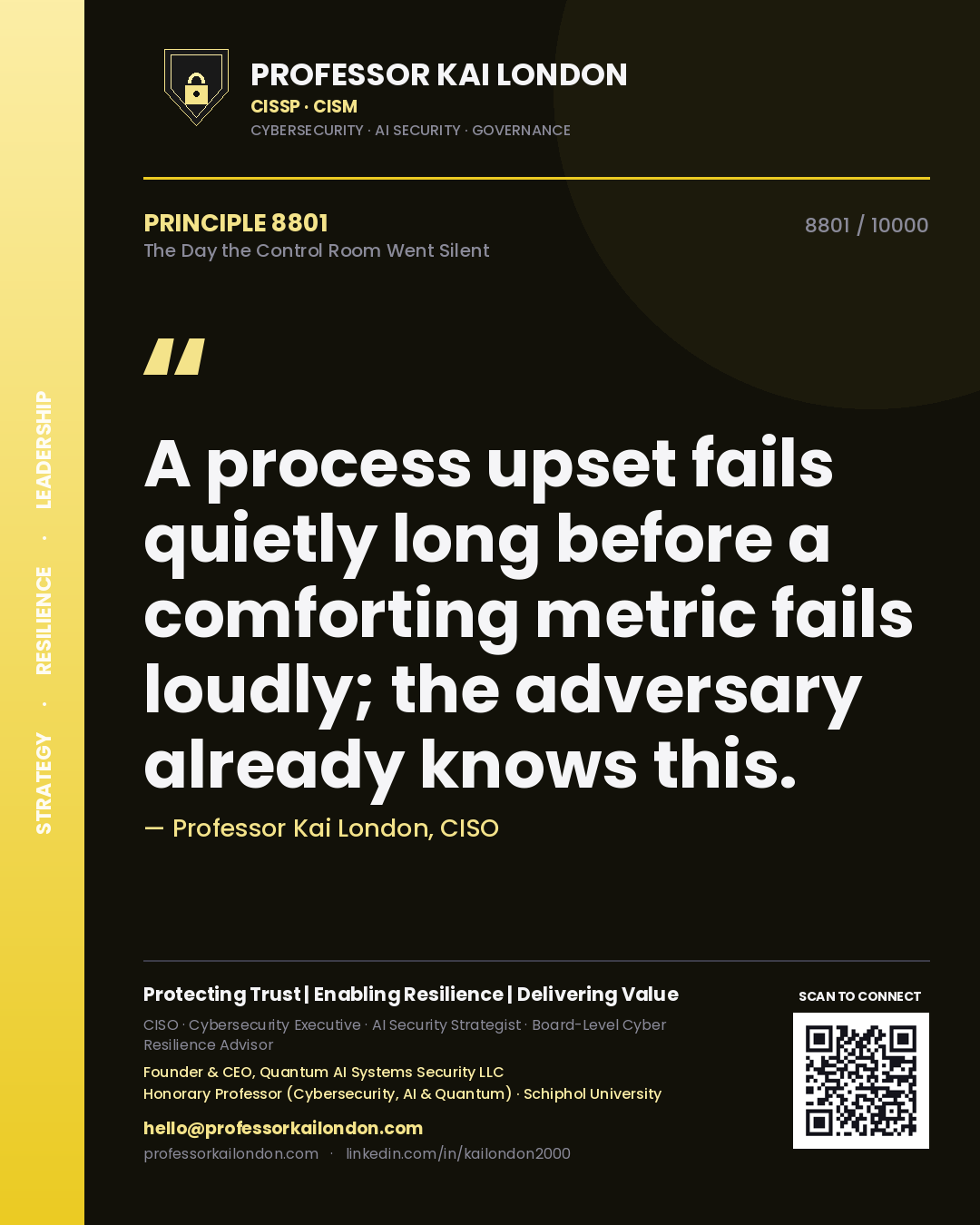 Quote card by Professor Kai London reading 'A process upset fails quietly long before a comforting metric fails loudly; the adversary already knows this.'. From the book The Day the Control Room Went Silent.