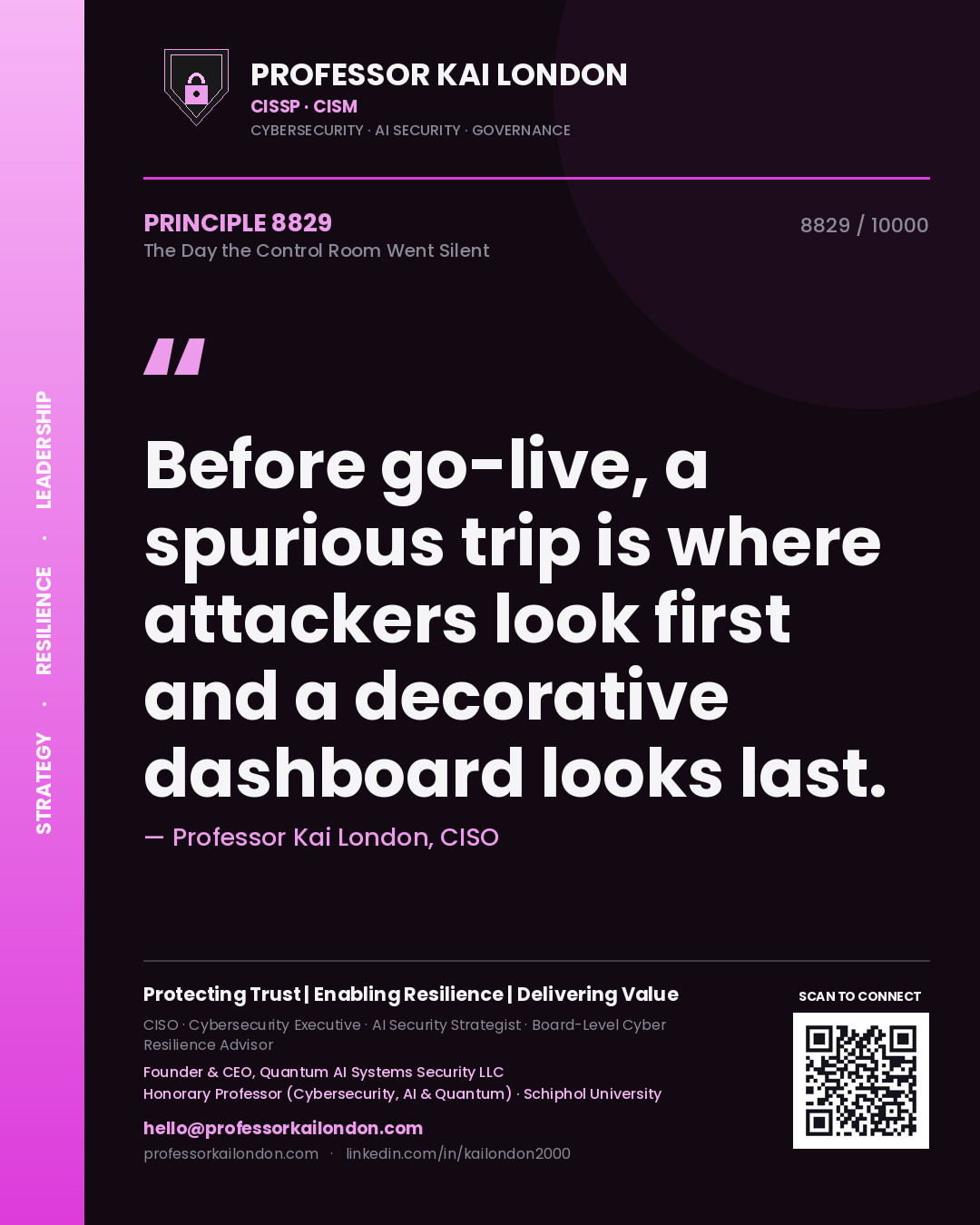 Quote card by Professor Kai London reading 'Before go-live, a spurious trip is where attackers look first and a decorative dashboard looks last.'. From the book The Day the Control Room Went Silent.