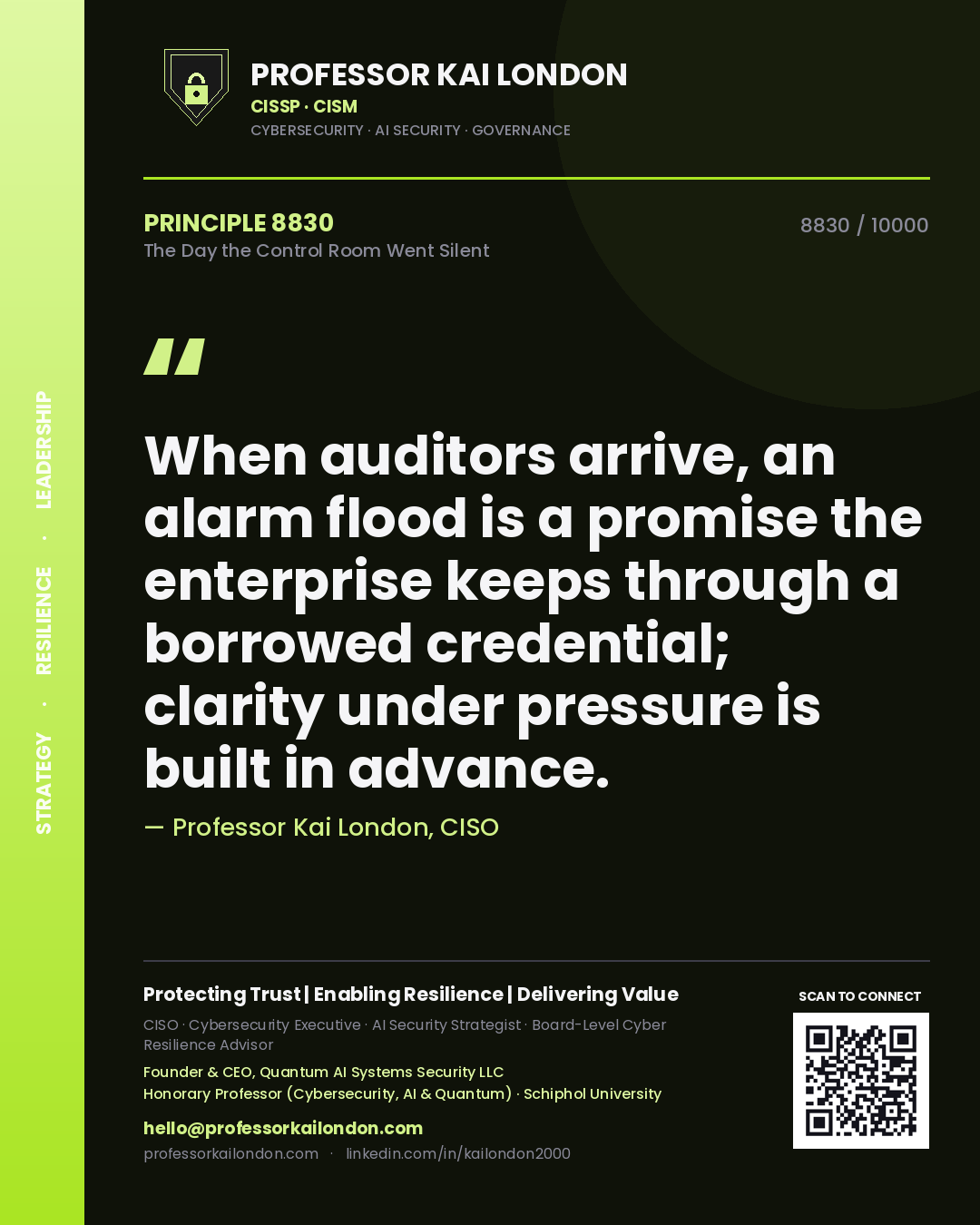 Quote card by Professor Kai London reading 'When auditors arrive, an alarm flood is a promise the enterprise keeps through a borrowed credential; clarity under pressure is built in advance.'. From the book The Day the Control Room Went Silent.
