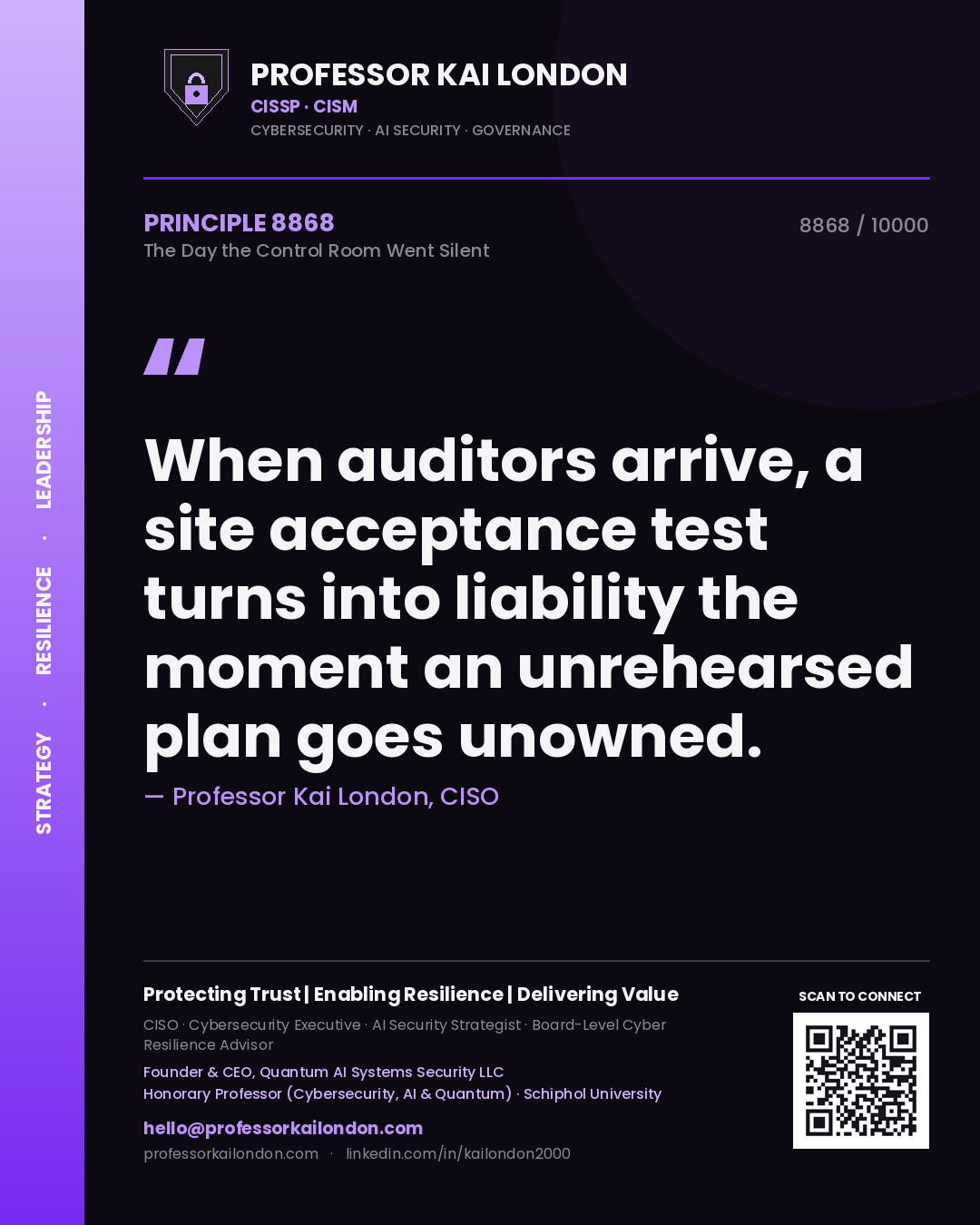 Quote card by Professor Kai London reading 'When auditors arrive, a site acceptance test turns into liability the moment an unrehearsed plan goes unowned.'. From the book The Day the Control Room Went Silent.