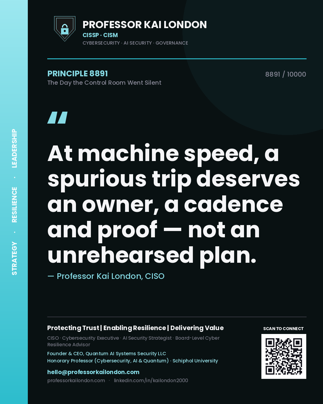 Quote card by Professor Kai London reading 'At machine speed, a spurious trip deserves an owner, a cadence and proof — not an unrehearsed plan.'. From the book The Day the Control Room Went Silent.