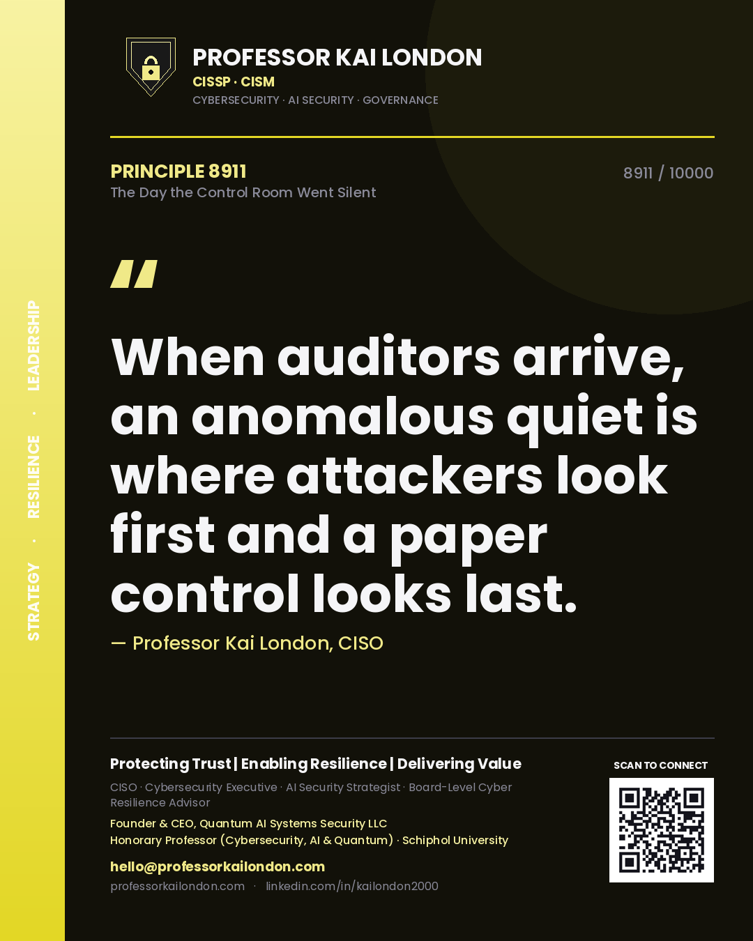 Professor Kai London principle 8911: When auditors arrive, an anomalous quiet is where attackers look first and a paper control looks last.