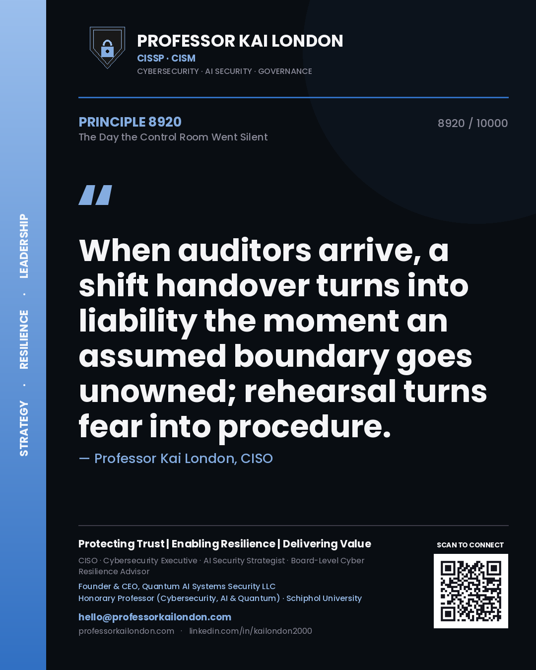 Quote card by Professor Kai London reading 'When auditors arrive, a shift handover turns into liability the moment an assumed boundary goes unowned; rehearsal turns fear into procedure.'. From the book The Day the Control Room Went Silent.