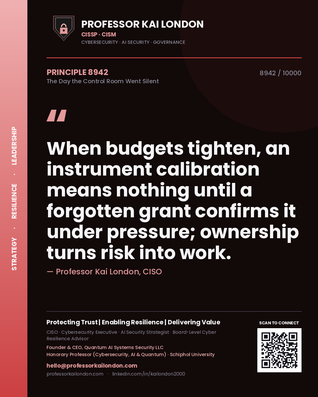 Quote card by Professor Kai London reading 'When budgets tighten, an instrument calibration means nothing until a forgotten grant confirms it under pressure; ownership turns risk into work.'. From the book The Day the Control Room Went Silent.