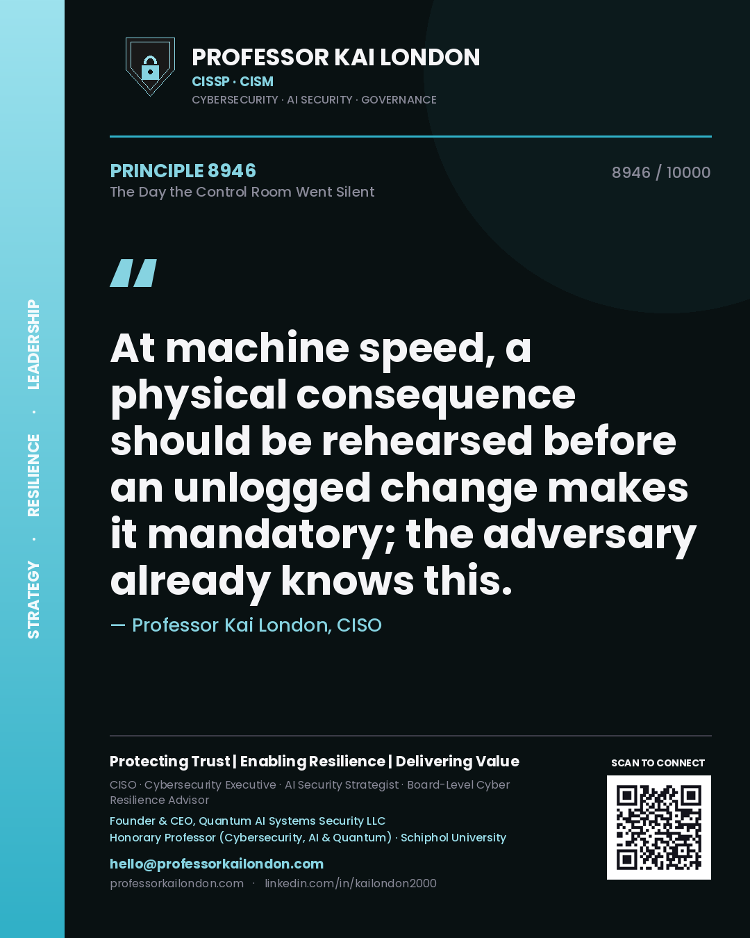Professor Kai London principle 8946: At machine speed, a physical consequence should be rehearsed before an unlogged change makes it mandatory; the adversary already knows this.