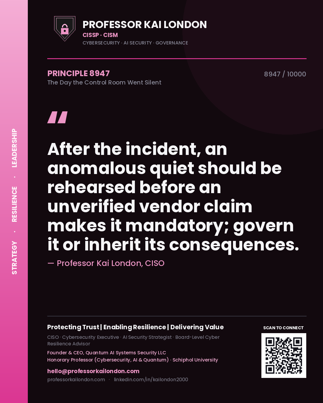 Professor Kai London principle 8947: After the incident, an anomalous quiet should be rehearsed before an unverified vendor claim makes it mandatory; govern it or inherit its consequences.