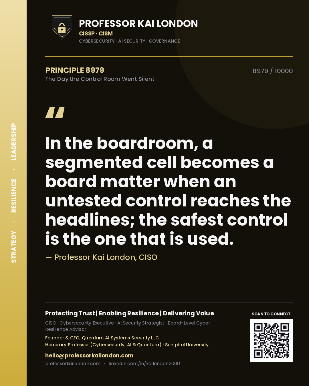 Quote card by Professor Kai London reading 'In the boardroom, a segmented cell becomes a board matter when an untested control reaches the headlines; the safest control is the one that is used.'. From the book The Day the Control Room Went Silent.
