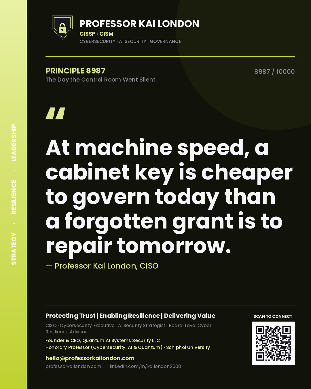 Professor Kai London principle 8987: At machine speed, a cabinet key is cheaper to govern today than a forgotten grant is to repair tomorrow.