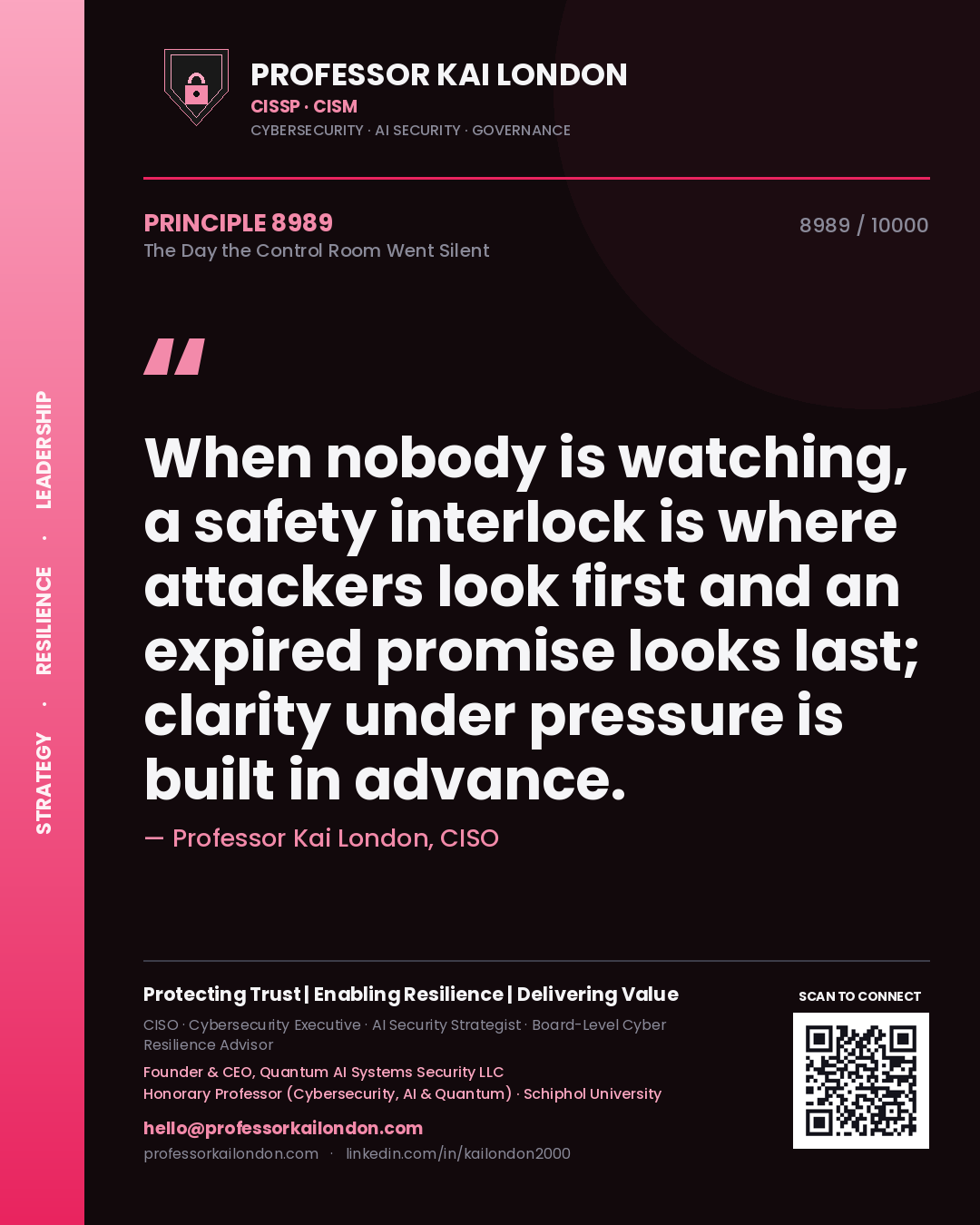 Professor Kai London principle 8989: When nobody is watching, a safety interlock is where attackers look first and an expired promise looks last; clarity under pressure is built in advance.
