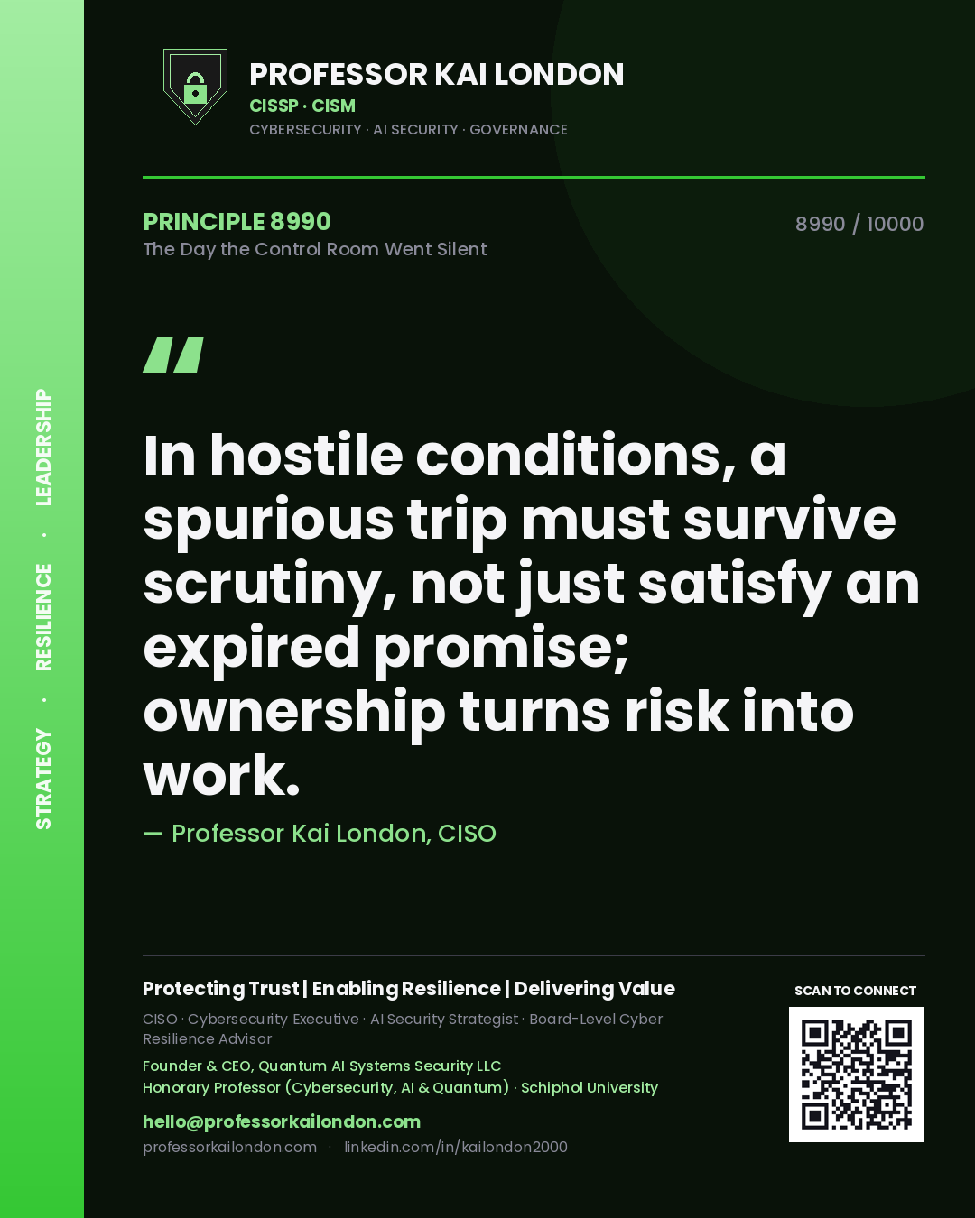 Quote card by Professor Kai London reading 'In hostile conditions, a spurious trip must survive scrutiny, not just satisfy an expired promise; ownership turns risk into work.'. From the book The Day the Control Room Went Silent.