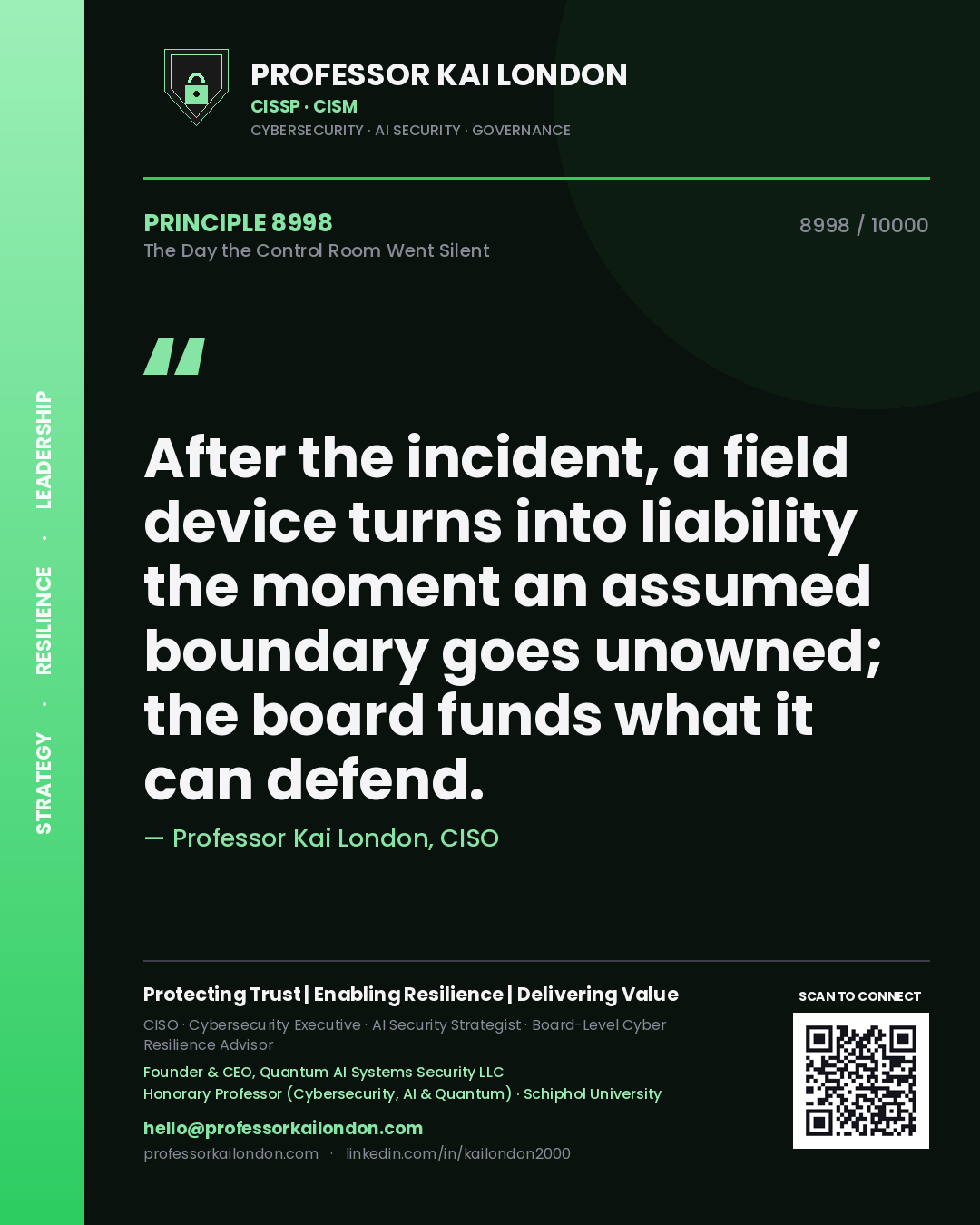 Professor Kai London principle 8998: After the incident, a field device turns into liability the moment an assumed boundary goes unowned; the board funds what it can defend.