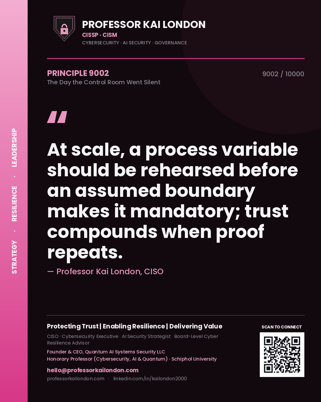 Quote card by Professor Kai London reading 'At scale, a process variable should be rehearsed before an assumed boundary makes it mandatory; trust compounds when proof repeats.'. From the book The Day the Control Room Went Silent.