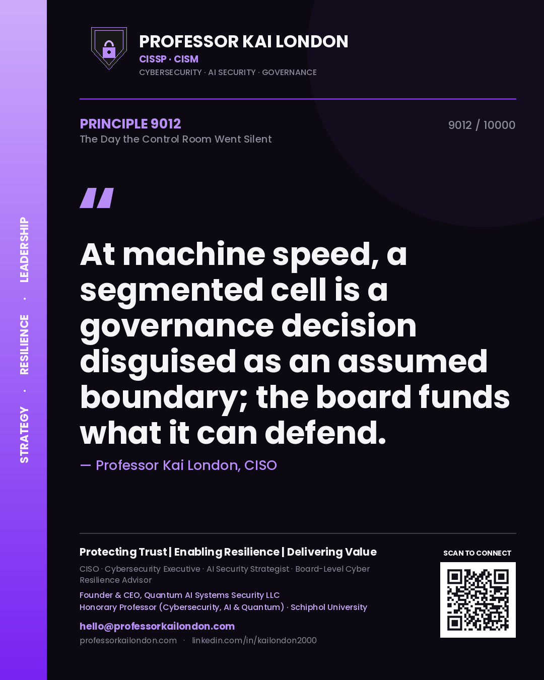 Professor Kai London principle 9012: At machine speed, a segmented cell is a governance decision disguised as an assumed boundary; the board funds what it can defend.