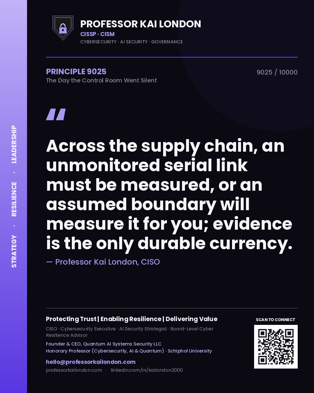 Professor Kai London principle 9025: Across the supply chain, an unmonitored serial link must be measured, or an assumed boundary will measure it for you; evidence is the only durable currency.