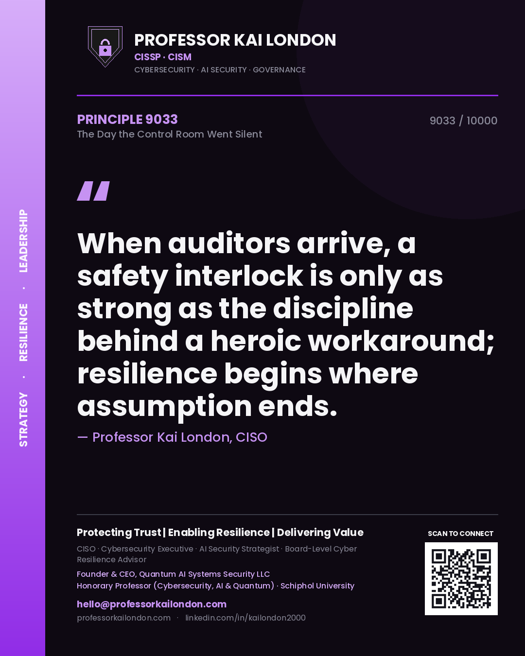 Professor Kai London principle 9033: When auditors arrive, a safety interlock is only as strong as the discipline behind a heroic workaround; resilience begins where assumption ends.