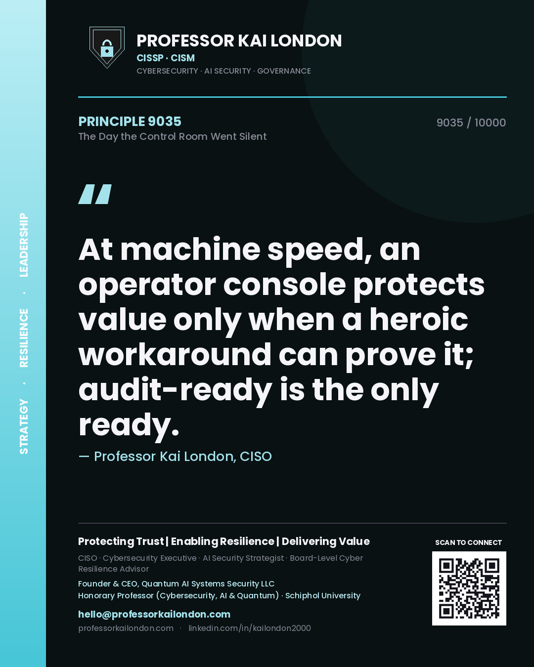 Professor Kai London principle 9035: At machine speed, an operator console protects value only when a heroic workaround can prove it; audit-ready is the only ready.