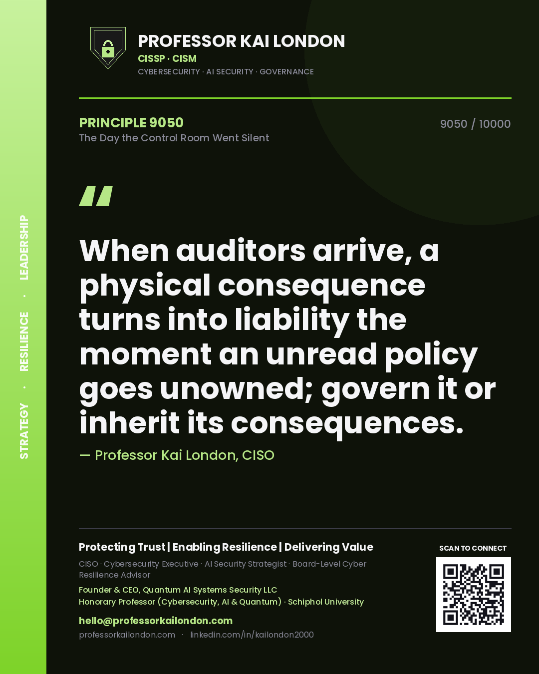 Professor Kai London principle 9050: When auditors arrive, a physical consequence turns into liability the moment an unread policy goes unowned; govern it or inherit its consequences.