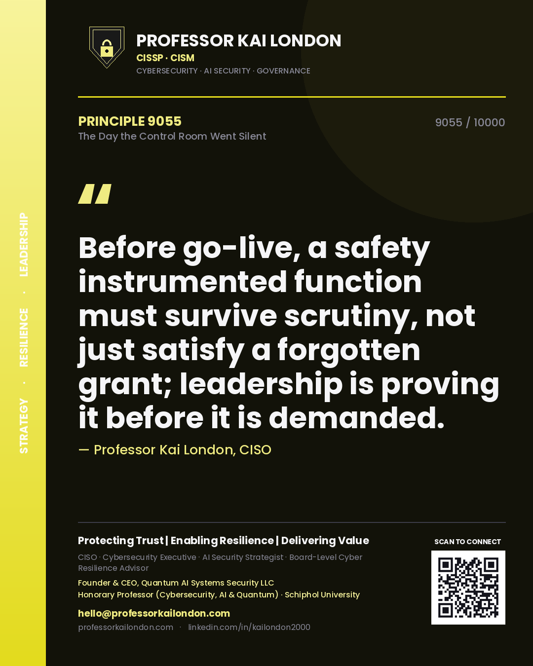 Professor Kai London principle 9055: Before go-live, a safety instrumented function must survive scrutiny, not just satisfy a forgotten grant; leadership is proving it before it is demanded.
