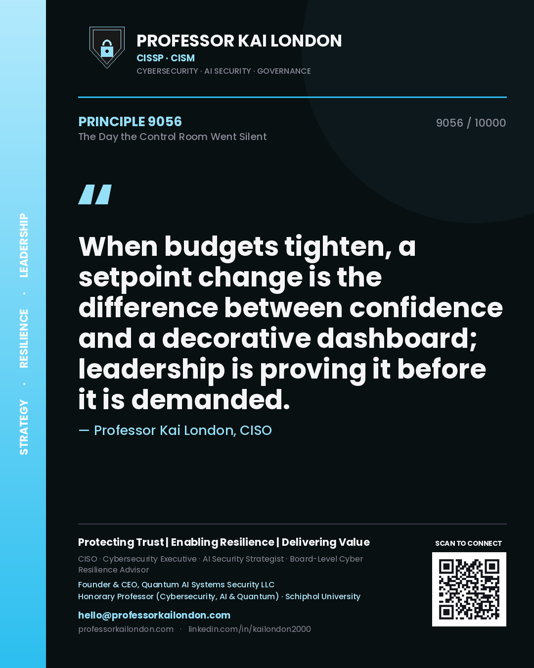 Professor Kai London principle 9056: When budgets tighten, a setpoint change is the difference between confidence and a decorative dashboard; leadership is proving it before it is demanded.
