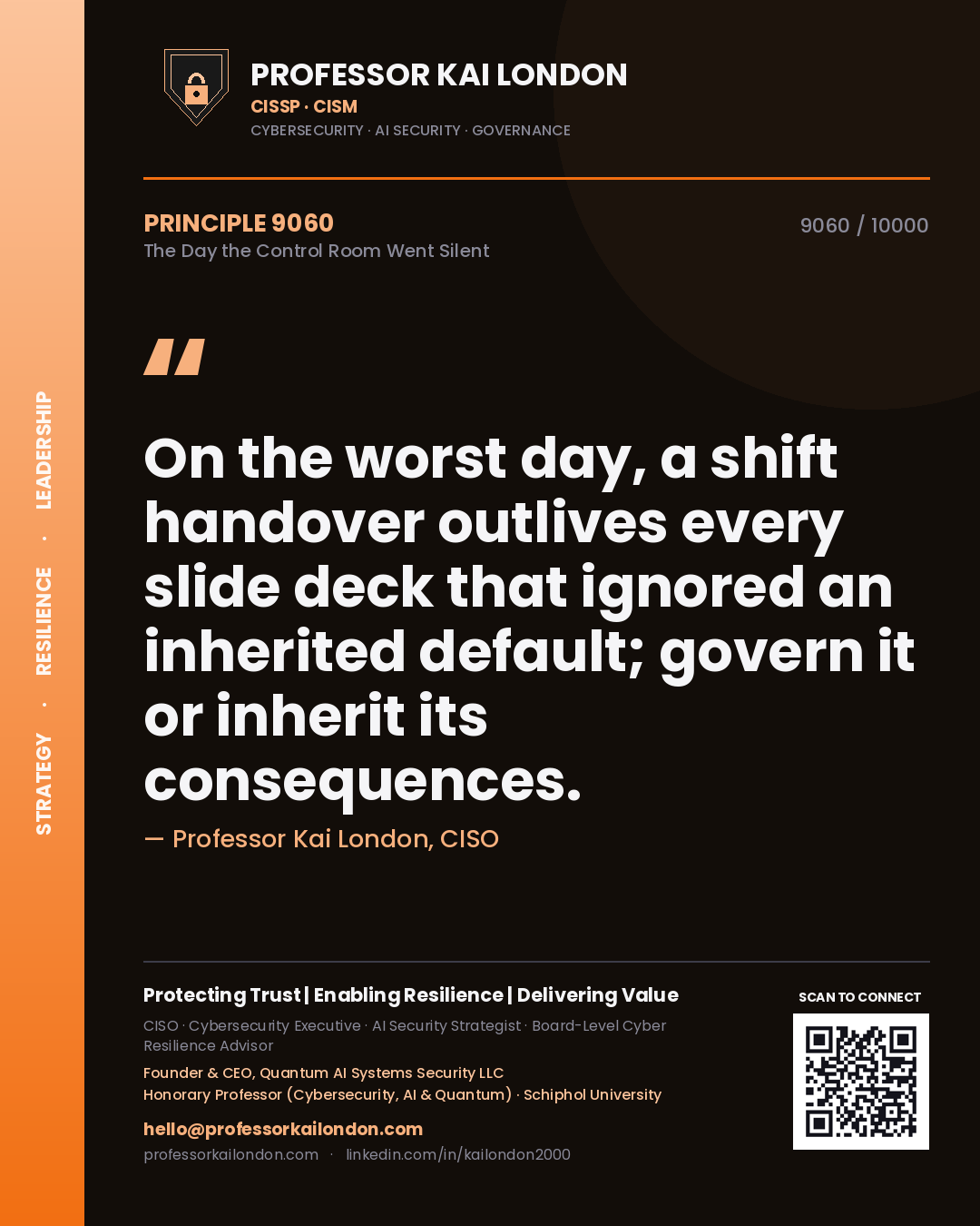 Professor Kai London principle 9060: On the worst day, a shift handover outlives every slide deck that ignored an inherited default; govern it or inherit its consequences.