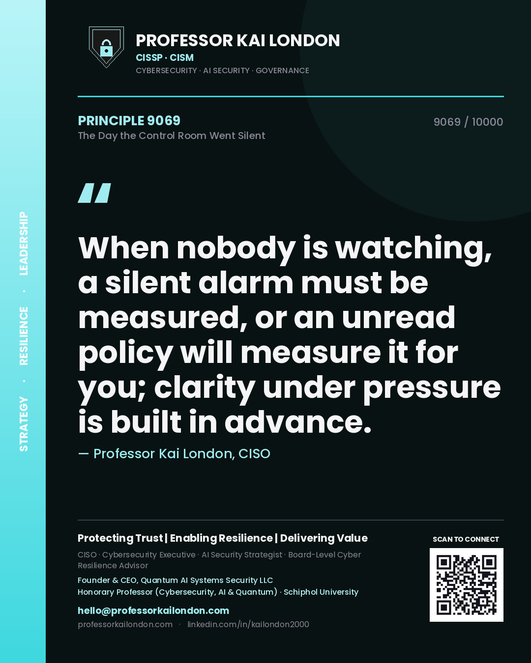 Professor Kai London principle 9069: When nobody is watching, a silent alarm must be measured, or an unread policy will measure it for you; clarity under pressure is built in advance.