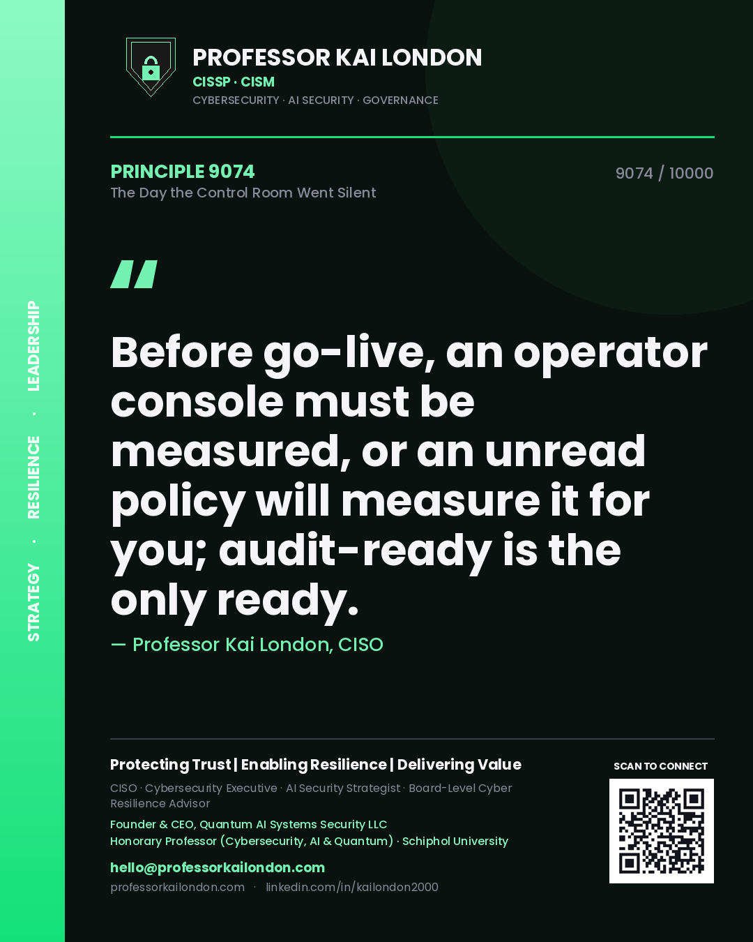 Professor Kai London principle 9074: Before go-live, an operator console must be measured, or an unread policy will measure it for you; audit-ready is the only ready.