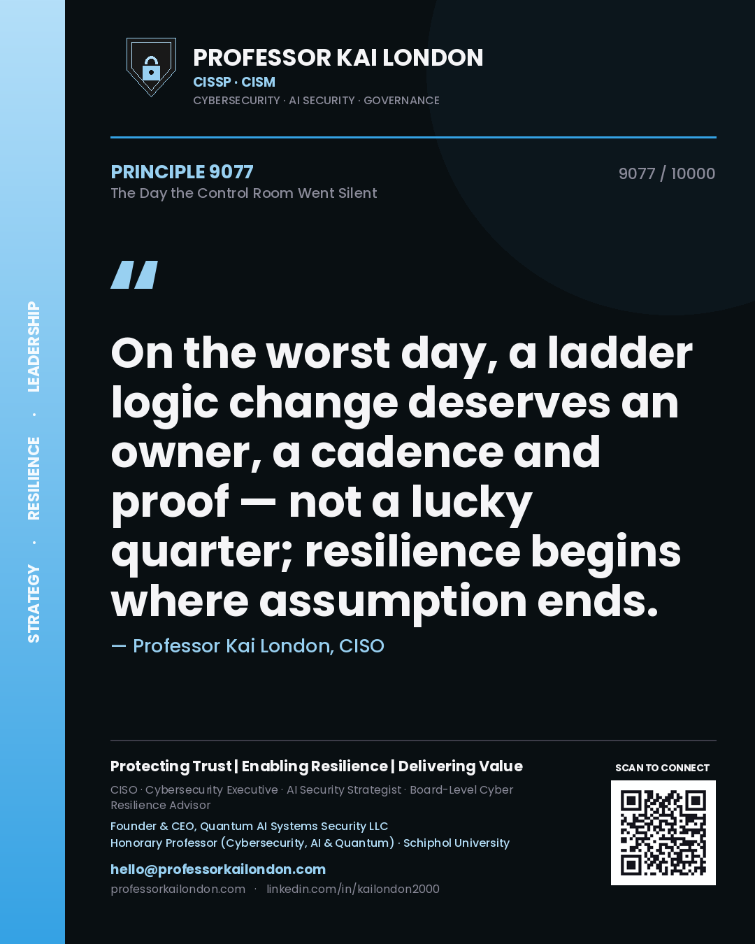 Professor Kai London principle 9077: On the worst day, a ladder logic change deserves an owner, a cadence and proof — not a lucky quarter; resilience begins where assumption ends.