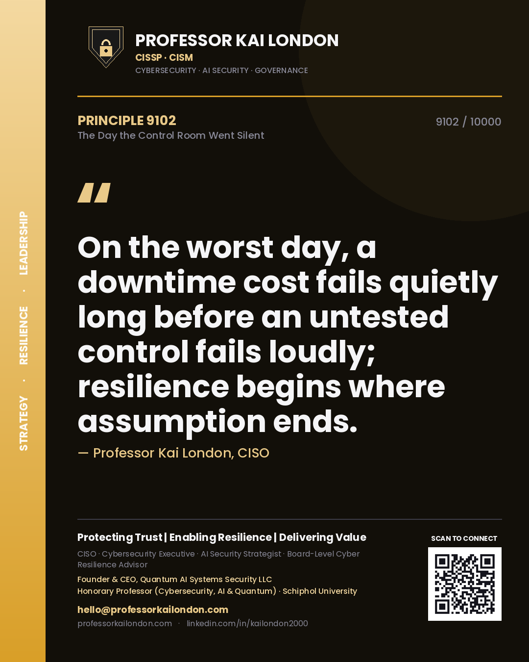 Quote card by Professor Kai London reading 'On the worst day, a downtime cost fails quietly long before an untested control fails loudly; resilience begins where assumption ends.'. From the book The Day the Control Room Went Silent.