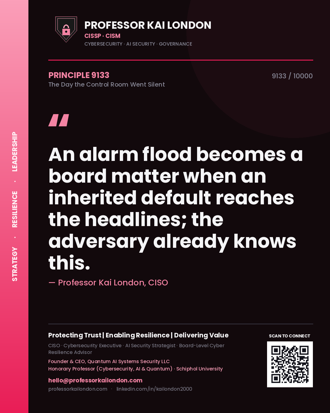 Quote card by Professor Kai London reading 'An alarm flood becomes a board matter when an inherited default reaches the headlines; the adversary already knows this.'. From the book The Day the Control Room Went Silent.