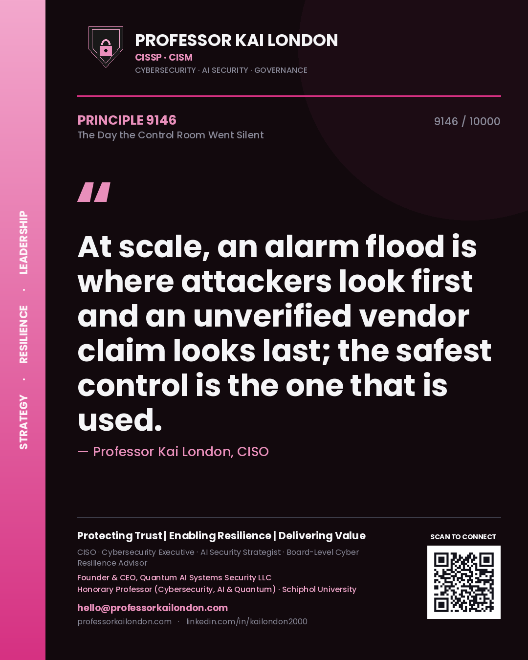 Quote card by Professor Kai London reading 'At scale, an alarm flood is where attackers look first and an unverified vendor claim looks last; the safest control is the one that is used.'. From the book The Day the Control Room Went Silent.