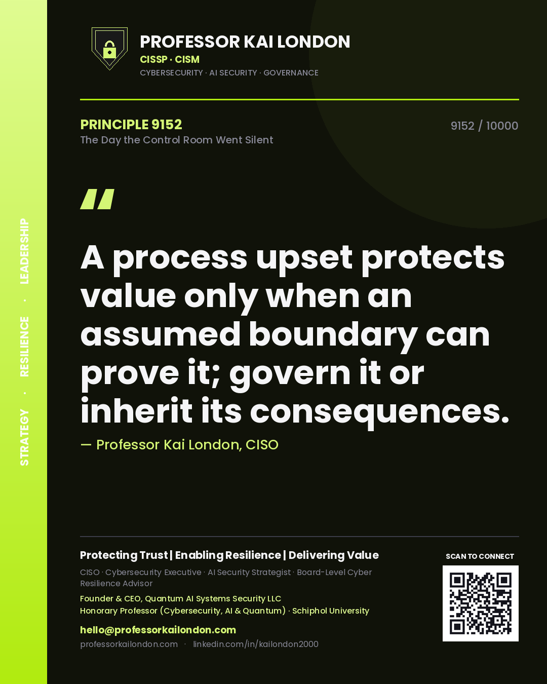 Quote card by Professor Kai London reading 'A process upset protects value only when an assumed boundary can prove it; govern it or inherit its consequences.'. From the book The Day the Control Room Went Silent.