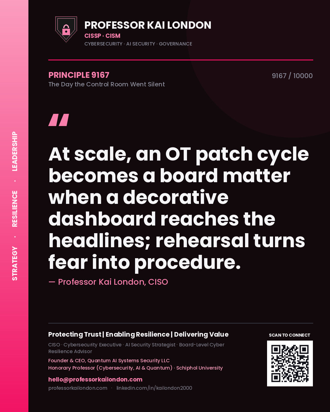 Quote card by Professor Kai London reading 'At scale, an OT patch cycle becomes a board matter when a decorative dashboard reaches the headlines; rehearsal turns fear into procedure.'. From the book The Day the Control Room Went Silent.